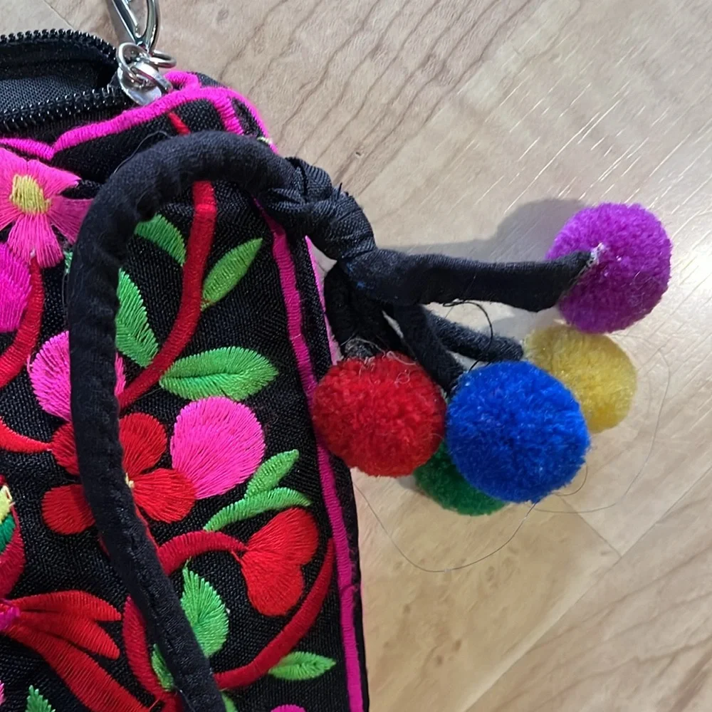 Colorful Embroidered Floral Boho Crossbody Shoulder Bag with Pom Poms